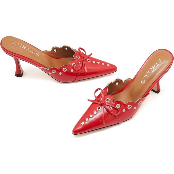 Red Fashion Pointed Toe Women Heels Eyelet Detail Slip On High Heel Mules - Picture 5 of 6